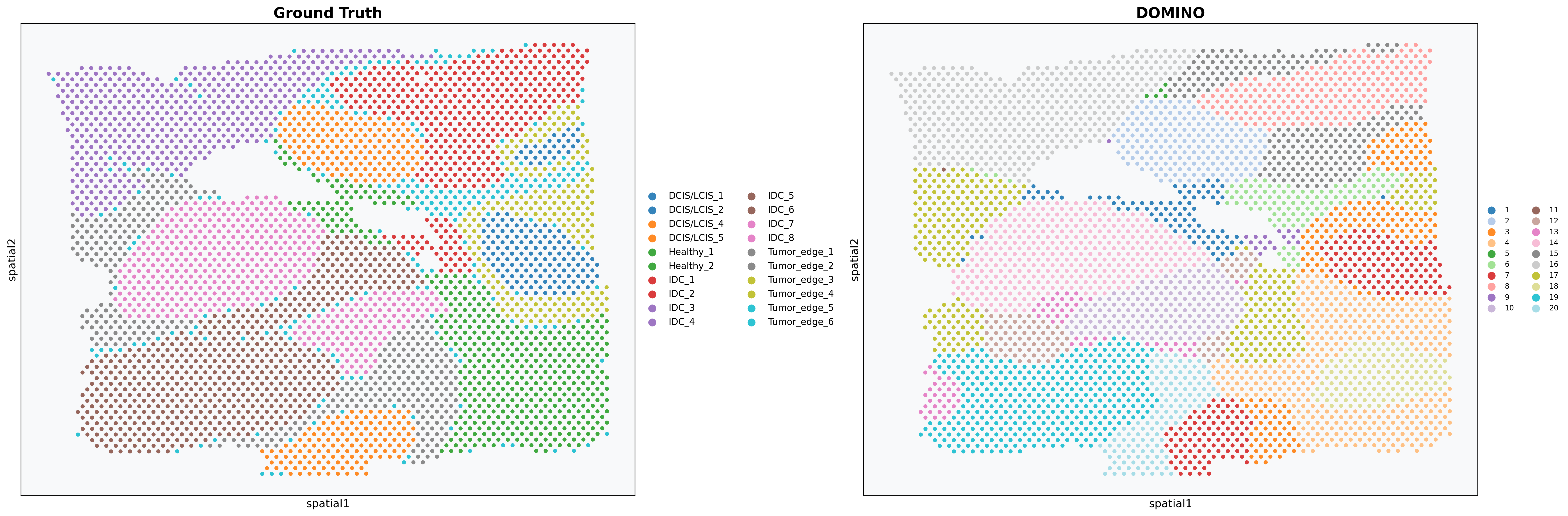 Spatial clustering results showing Ground Truth (left) and DOMINO predictions (right).